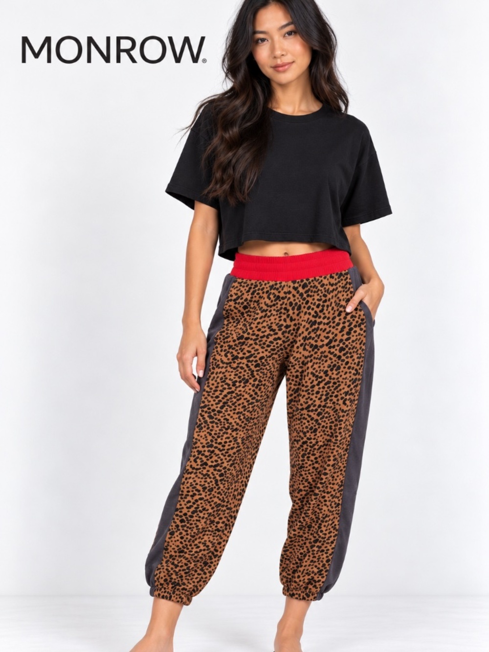 Monrow Supersoft Fleece Print Block Stitched Sweatpant- leopard & colorblock
